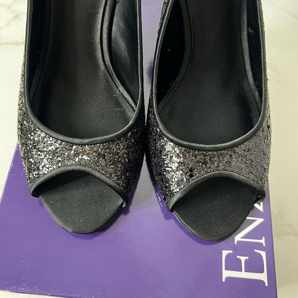 Enzo Angiolini Hitch X3 Black Sequin Shiny Satin Ankle Buckle Peep Toe Heels - Picture 13 of 16